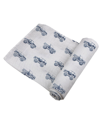 Newcastle Classics Indigo Monster Trucks 100% Natural Cotton Muslin Swaddle Blanket