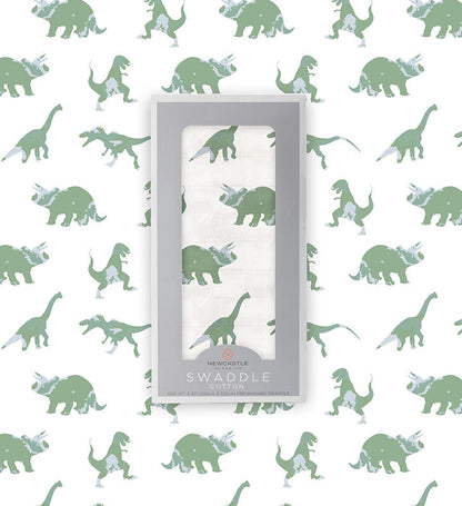 Newcastle Classics Granite Green Dinosaurs 100% Natural Cotton Muslin Swaddle Blanket