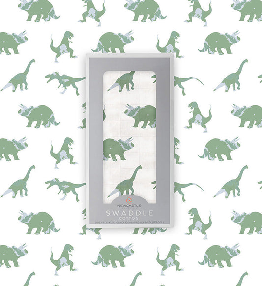 Granite Green Dinosaurs 100% Natural Cotton Muslin Swaddle Blanket