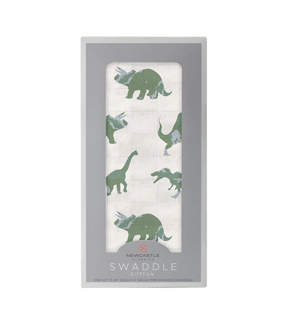 Newcastle Classics Granite Green Dinosaurs 100% Natural Cotton Muslin Swaddle Blanket