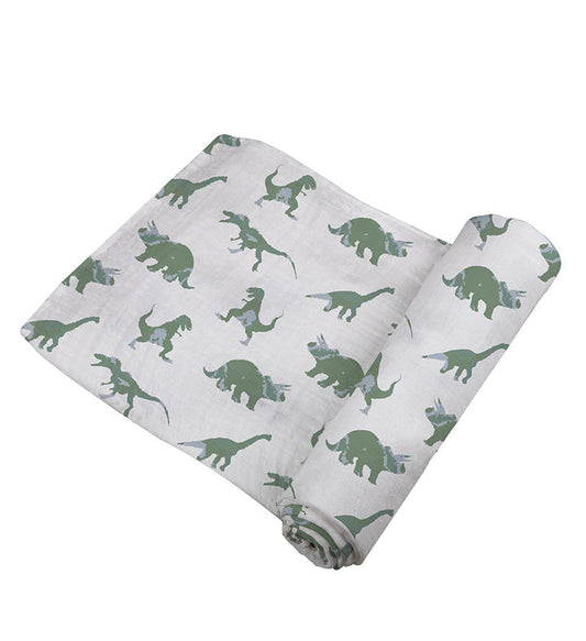 Granite Green Dinosaurs 100% Natural Cotton Muslin Swaddle Blanket