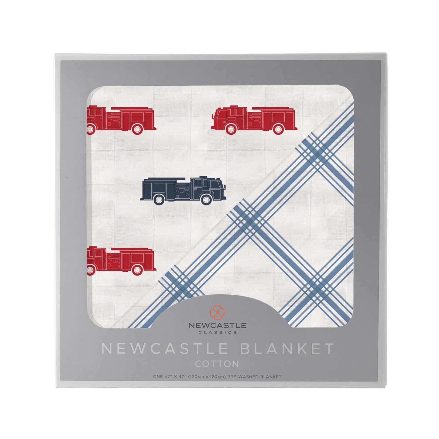 Blue and Red Fire Trucks and Buffalo Check Plaid 100% Natural Cotton Newcastle Blanket