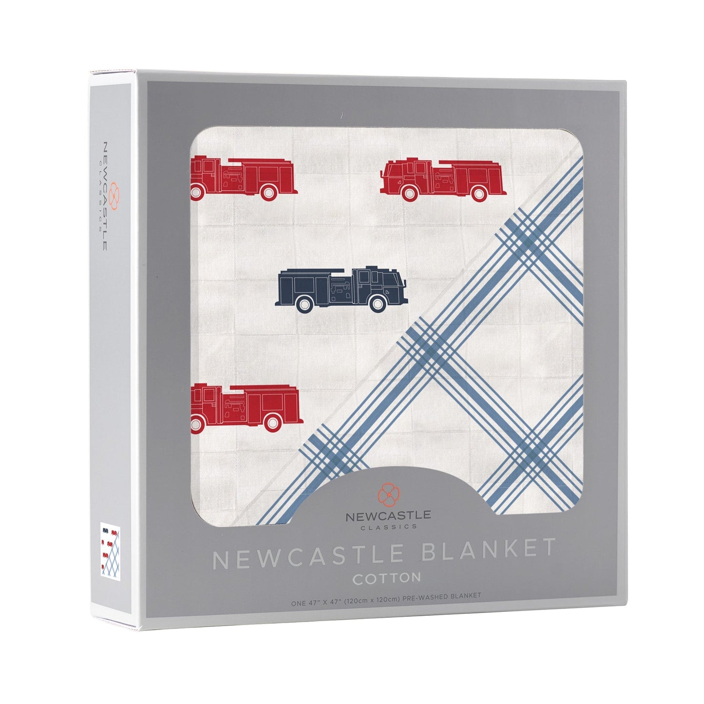 Blue and Red Fire Trucks and Buffalo Check Plaid 100% Natural Cotton Newcastle Blanket