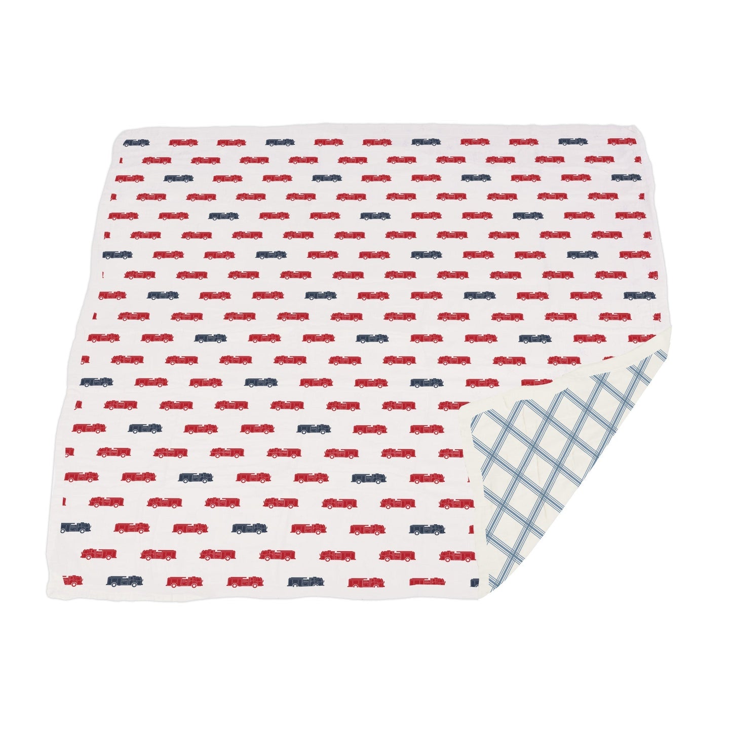 Blue and Red Fire Trucks and Buffalo Check Plaid 100% Natural Cotton Newcastle Blanket