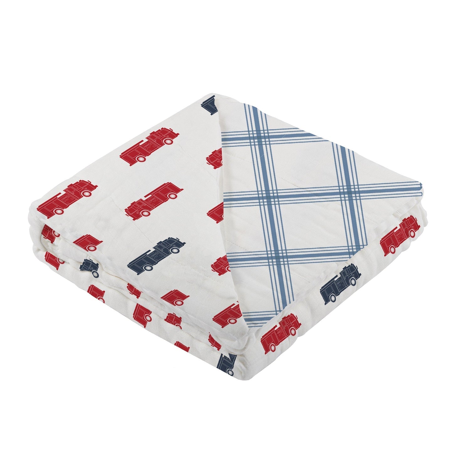 Blue and Red Fire Trucks and Buffalo Check Plaid 100% Natural Cotton Newcastle Blanket