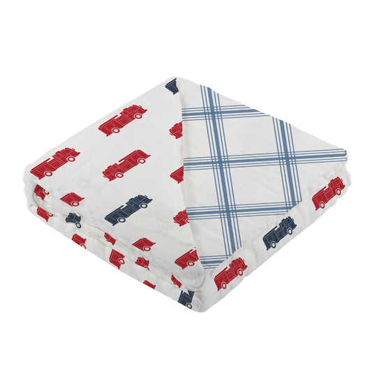 Blue and Red Fire Trucks and Buffalo Check Plaid 100% Natural Cotton Newcastle Blanket
