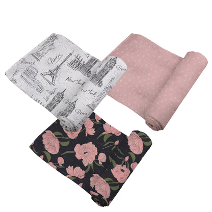 Newcastle Classics London, Paris, New York 100% Natural Cotton Muslin Swaddle Blankets, 3 Pack
