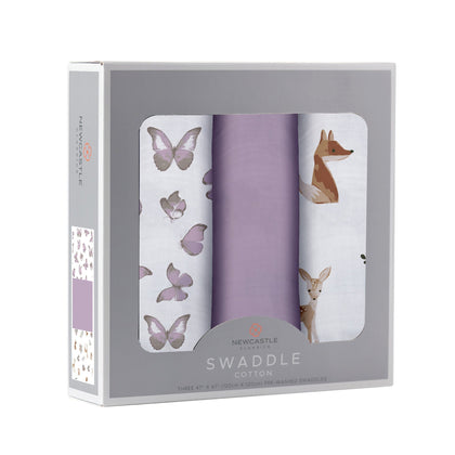 Newcastle Classic Mountain Meadow 100% Natural Cotton Muslin Swaddle 3 Pack; Sierra Fox & Butterfly