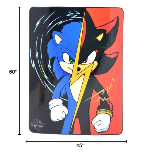 Sizing graphic for the Sonic vs. Shadow blanket showing the full dynamic split character design, indicating a total size of 45 inches wide by 60 inches long.