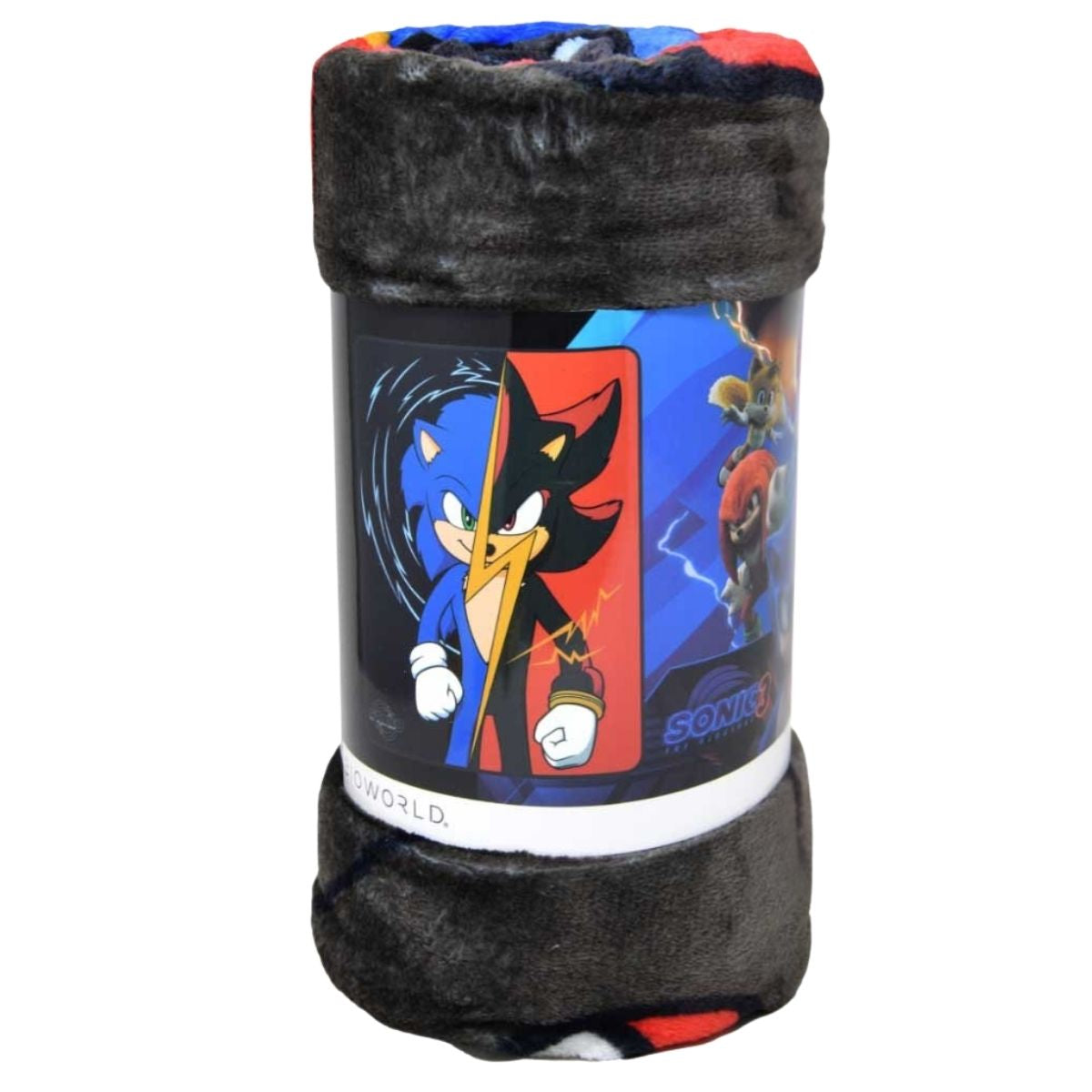 Close-up view of the rolled-up Sonic vs. Shadow silky fleece throw blanket showing its soft dark texture and the printed packaging band.