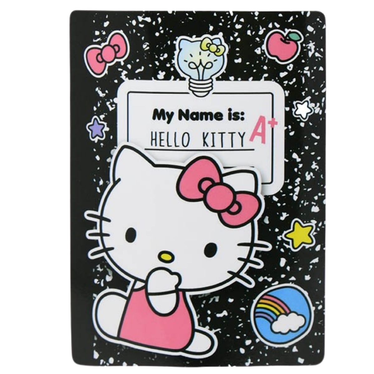 Full flat view of the Hello Kitty fleece blanket featuring a black and white composition notebook design with a name tag and cute doodles.