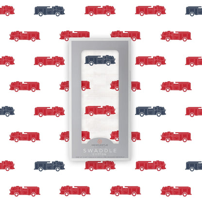 Newcastle Classics Blue and Red Fire Trucks 100% Natural Cotton Muslin Swaddle