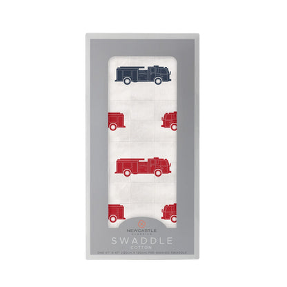 Newcastle Classics Blue and Red Fire Trucks 100% Natural Cotton Muslin Swaddle