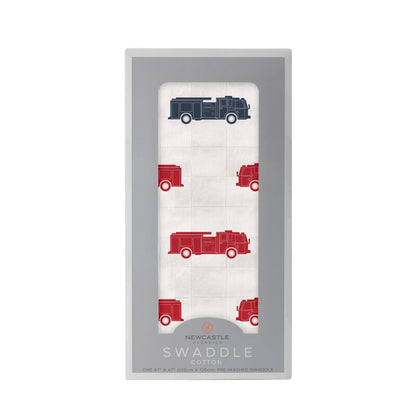 Newcastle Classic Blue and Red Fire Trucks 100% Natural Cotton Muslin Swaddle