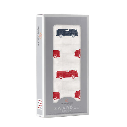 Newcastle Classics Blue and Red Fire Trucks 100% Natural Cotton Muslin Swaddle
