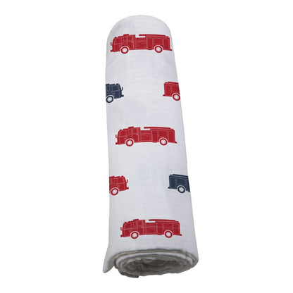 Newcastle Classics Blue and Red Fire Trucks 100% Natural Cotton Muslin Swaddle