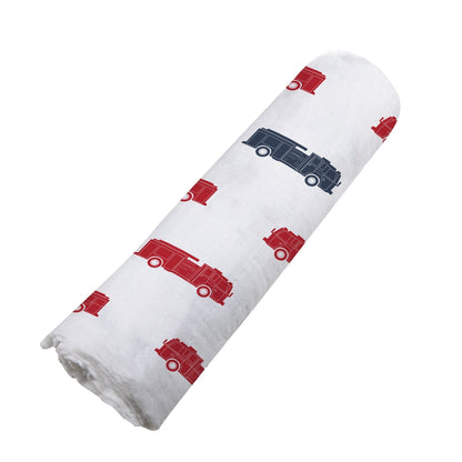 Newcastle Classics Blue and Red Fire Trucks 100% Natural Cotton Muslin Swaddle