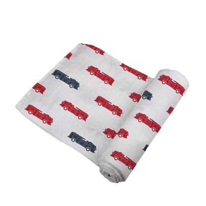 Newcastle Classics Blue and Red Fire Trucks 100% Natural Cotton Muslin Swaddle