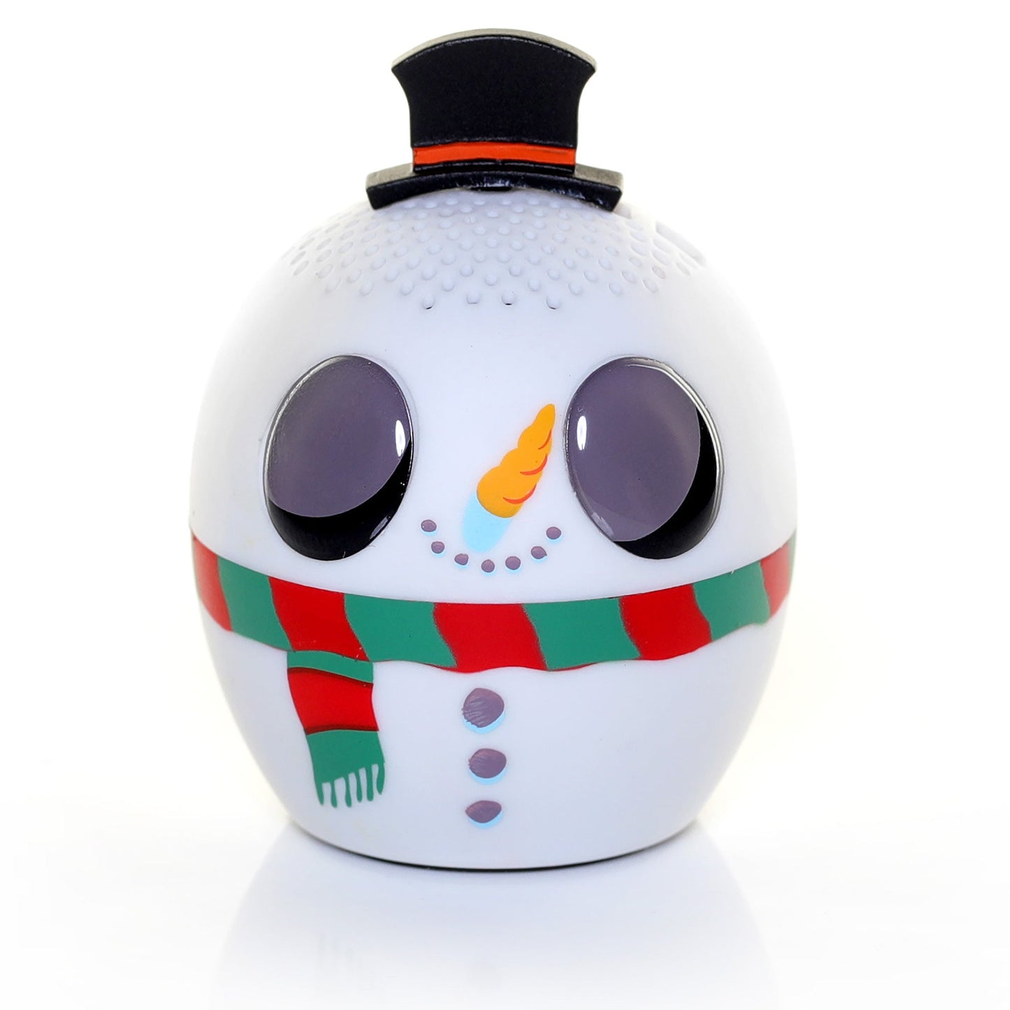 Front view of the Bitty Boomers Fortnite Snowman mini Bluetooth speaker featuring a black top hat, carrot nose, coal smile, and a red and green striped scarf.