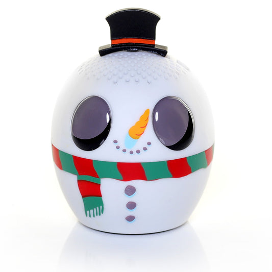 Front view of the Bitty Boomers Fortnite Snowman mini Bluetooth speaker featuring a black top hat, carrot nose, coal smile, and a red and green striped scarf.
