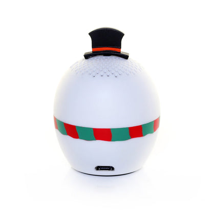 Back view of the Snowman mini speaker showing the back of the red and green scarf, the top hat, and the lower charging port.