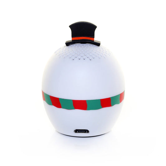 Back view of the Snowman mini speaker showing the back of the red and green scarf, the top hat, and the lower charging port.