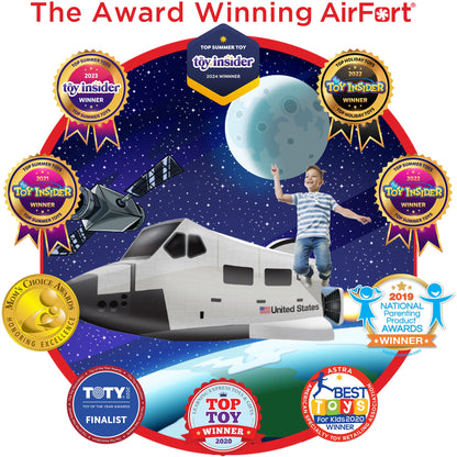 Graphic displaying the award-winning Space Shuttle AirFort surrounded by multiple toy industry gold seal awards.