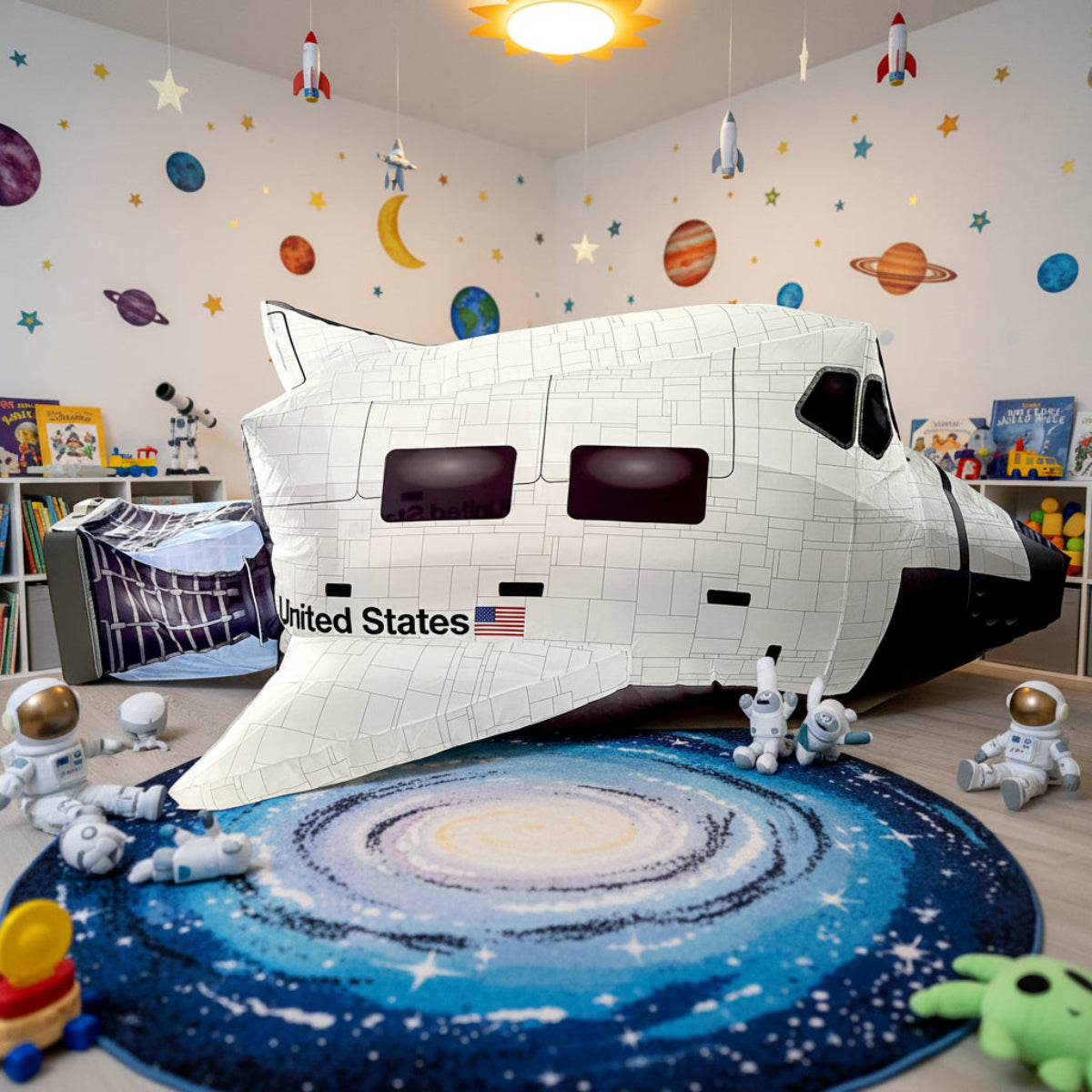 The Original AirFort Space Shuttle inflatable indoor play tent set up in a space-themed playroom on a galaxy rug.