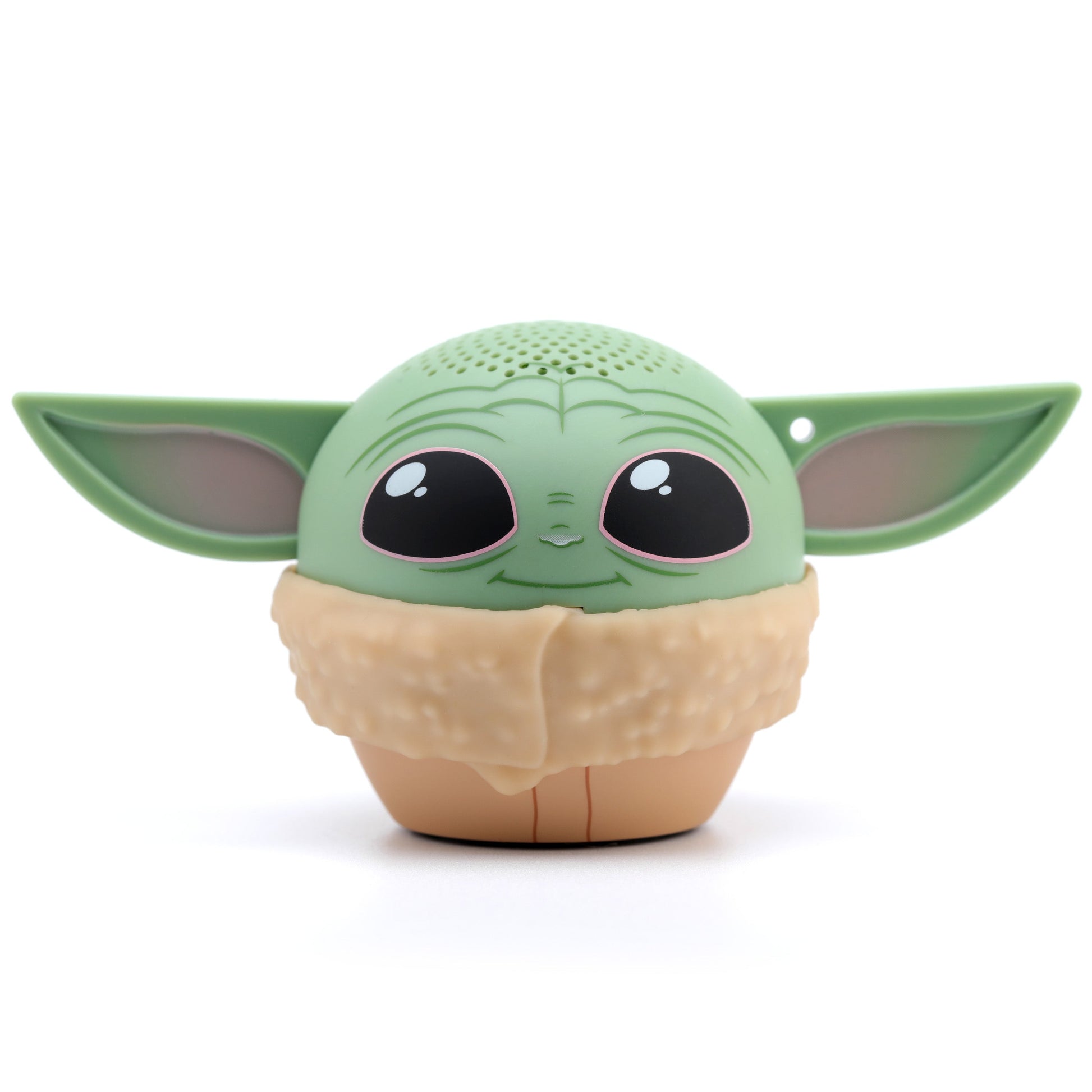 Front view of the Bitty Boomers Star Wars mini Bluetooth speaker featuring Grogu with large expressive eyes, big green ears, and a textured tan robe.