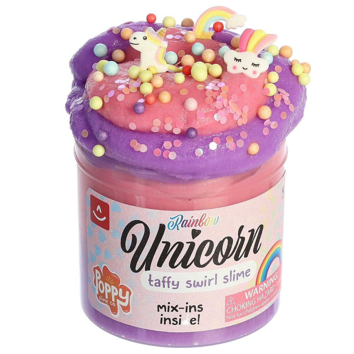 A close-up view of the pink and purple swirled slime overflowing with rainbow-themed mix-ins, beads, and a unicorn charm.