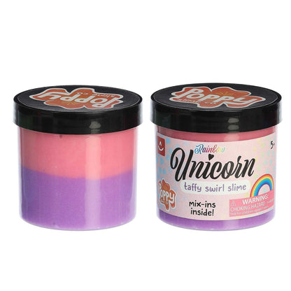 Two jars of Poppy Slime Co. slime, one showing the distinct pink and purple layers from the side, and one showing the front label.