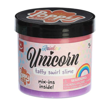 A sealed clear plastic jar of Poppy Slime Co. Unicorn Taffy Swirl Slime with its black logo lid and colorful product label.