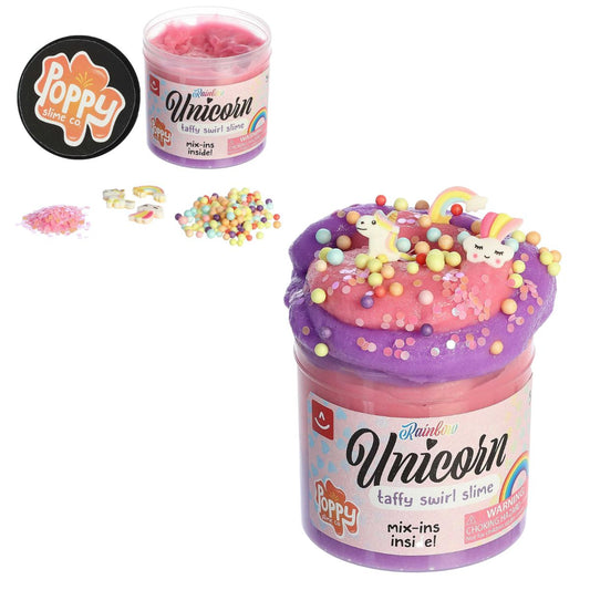Poppy Slime Co. Unicorn Taffy Swirl Slime container open with pink and purple slime topped with colorful sprinkles, foam beads, and a unicorn charm.