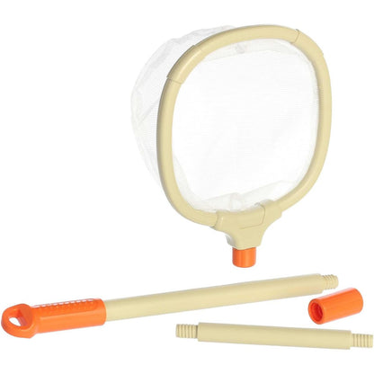 The butterfly net disassembled into three pieces—the hoop, the middle pole, and the orange handle grip—highlighting its travel-friendly design.