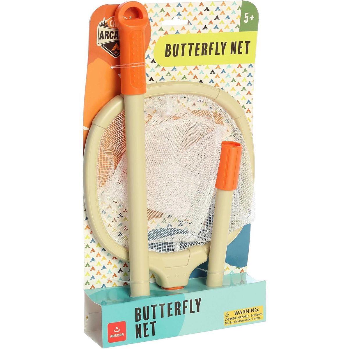 Packaged view of the disassembled butterfly net secured onto its colorful, peggable Camp Arcadia cardboard display backing.