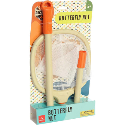 Packaged view of the disassembled butterfly net secured onto its colorful, peggable Camp Arcadia cardboard display backing.