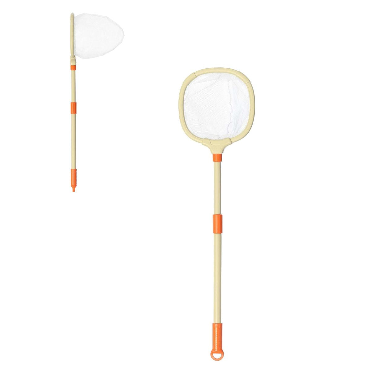 Front and side view of the Aurora Toys Camp Arcadia 13.5-inch butterfly net featuring a tan pole, bright orange accents, and white mesh netting.