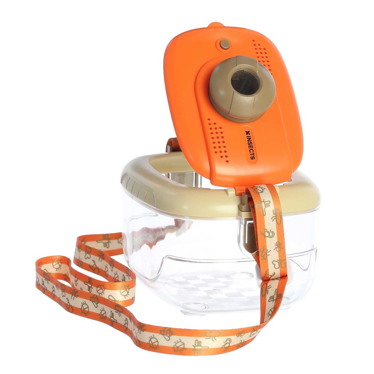 Close-up of the clear bug observation container with its orange magnifying lid popped open, showing the attached woven carrying strap.