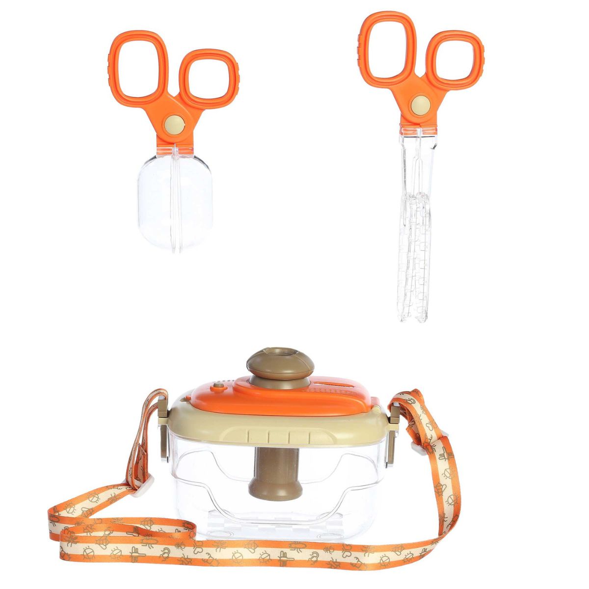 The closed bug observation container displayed next to the two orange-handled bug-catching tools: a clear scoop and a tweezer tool.