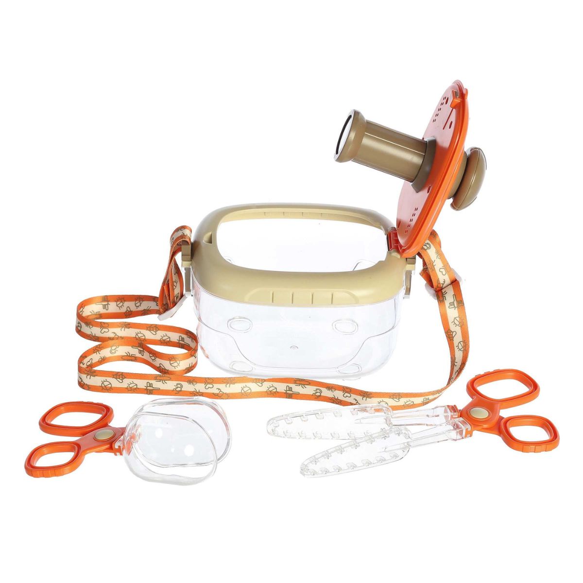 The Camp Arcadia Bug Collection Set with the container lid open, the patterned carrying strap laid out, and the clear bug-catching scissors ready for use.