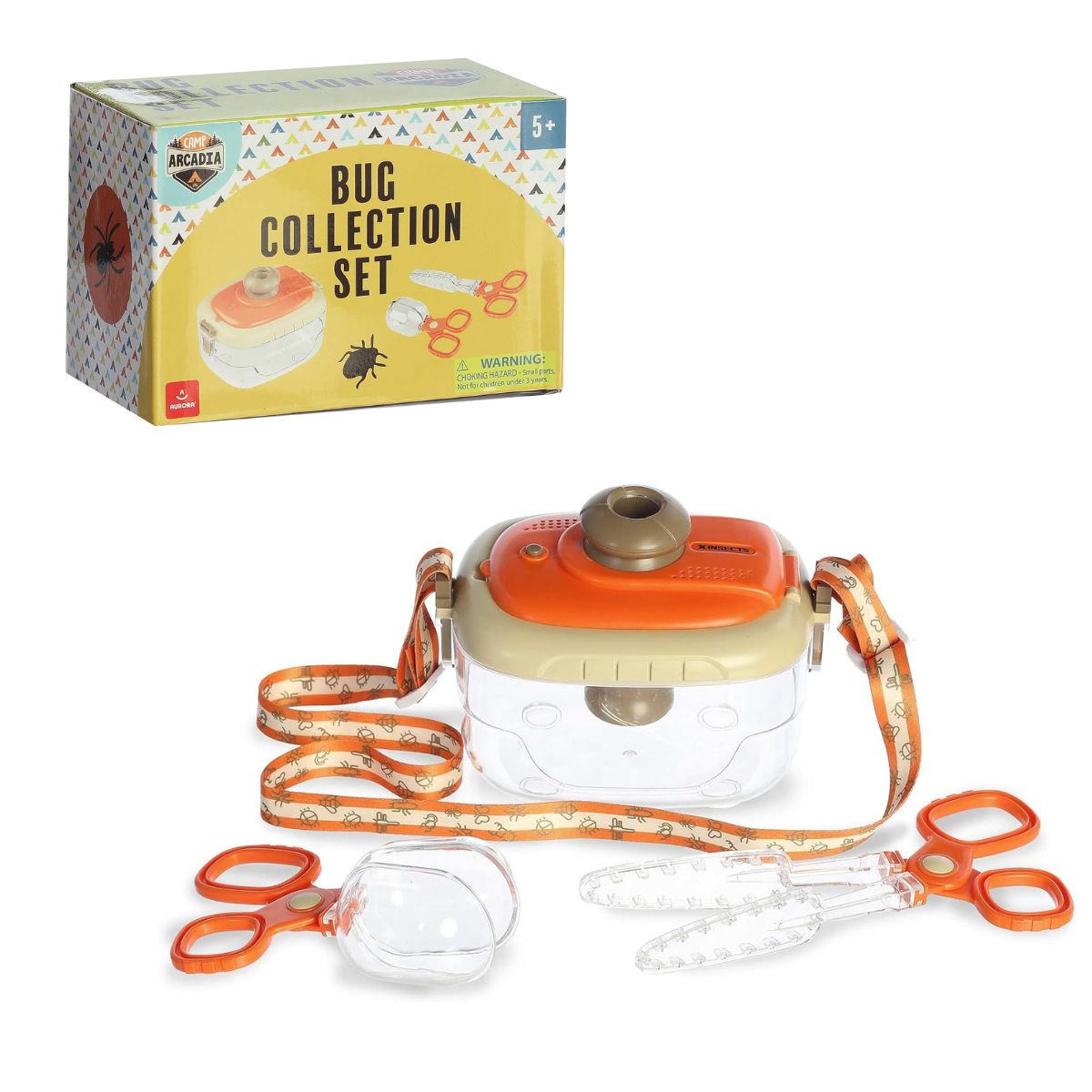 Front view of the Aurora Toys Camp Arcadia Bug Collection Set showing the yellow display box, clear container with an orange magnifying lid and strap, and two scissor-style bug-catching tools.