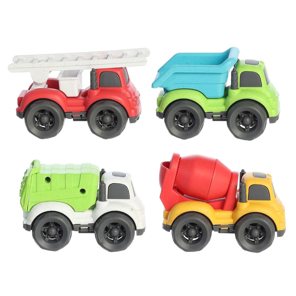 Side profile view of the four chunky Mini City toy trucks highlighting their large black wheels and bright colors.