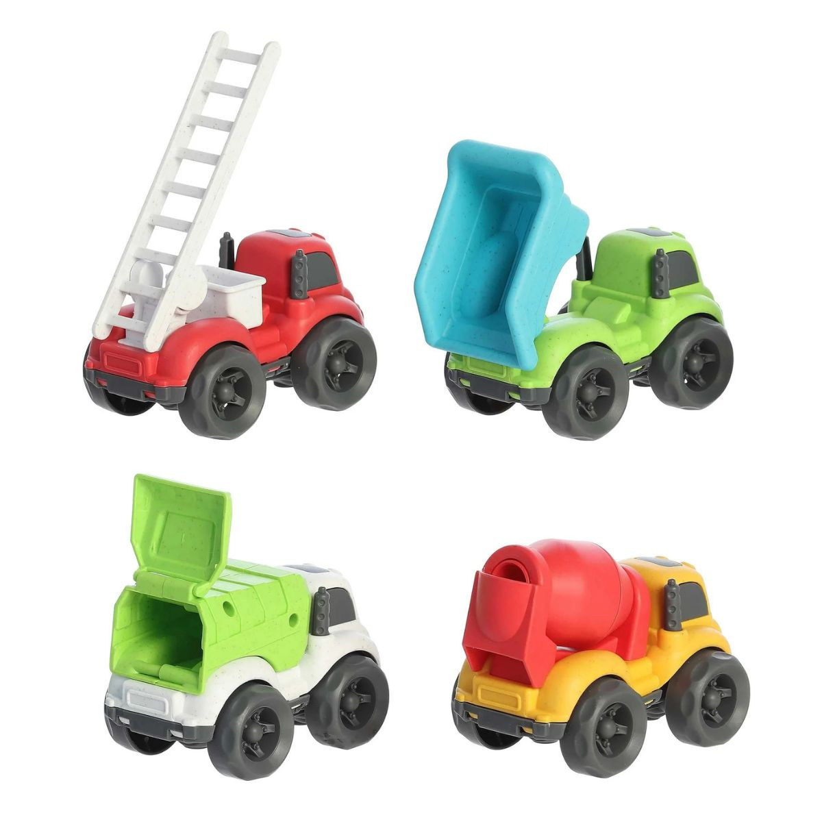 Rear-angled view of the toy trucks showing their interactive features in action, including the raised fire ladder, tilted dump bed, and opened garbage hatch.
