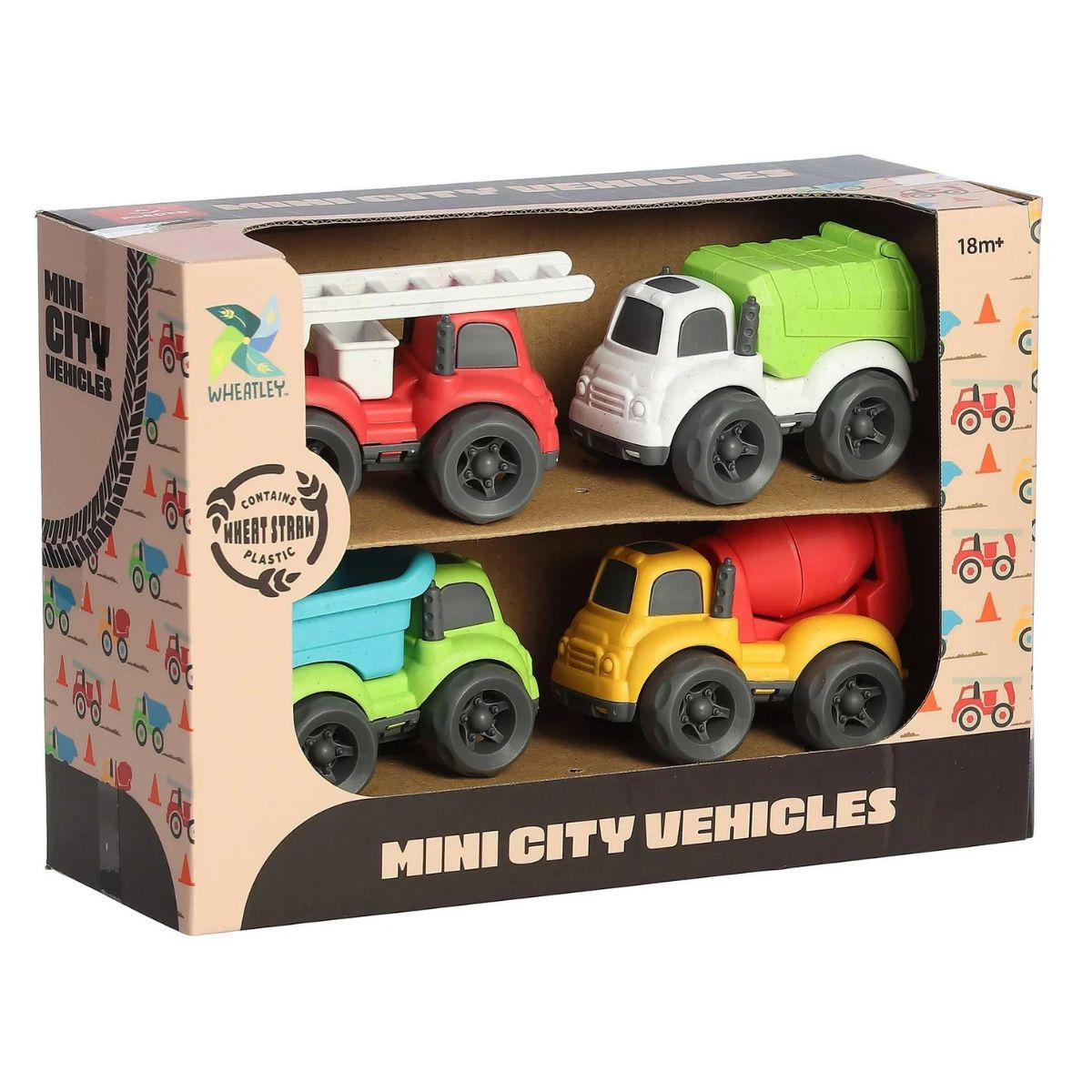 Front view of the 4-piece Mini City Vehicles set securely packaged inside an open-face, cardboard display box.