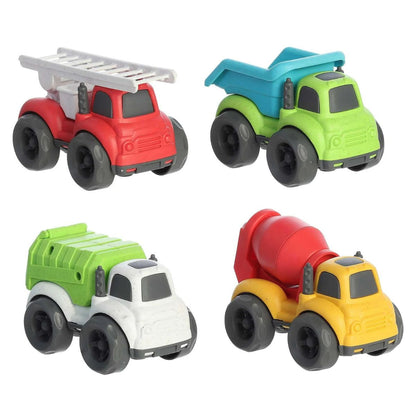 Front-angled view of the four Aurora Toys Wheatley Mini City vehicles: a red fire truck, green dump truck, white garbage truck, and yellow cement mixer.