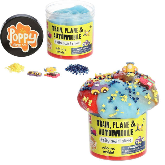 Front view of the Poppy Slime Co. Train, Plane & Automobile Taffy Swirl Slime featuring a jar of blue and red swirl slime topped with vehicle charms and star beads, alongside the black lid and loose mix-ins.
