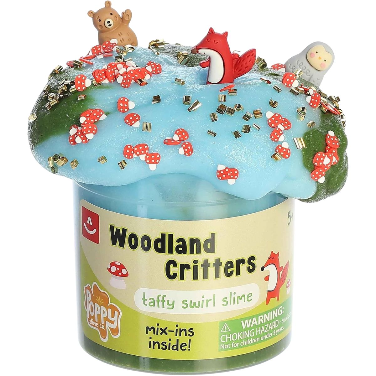 Close-up view of the mossy green and sky blue swirl slime overflowing from its clear plastic jar, heavily decorated with textured beads and tiny woodland animal charms like a fox.