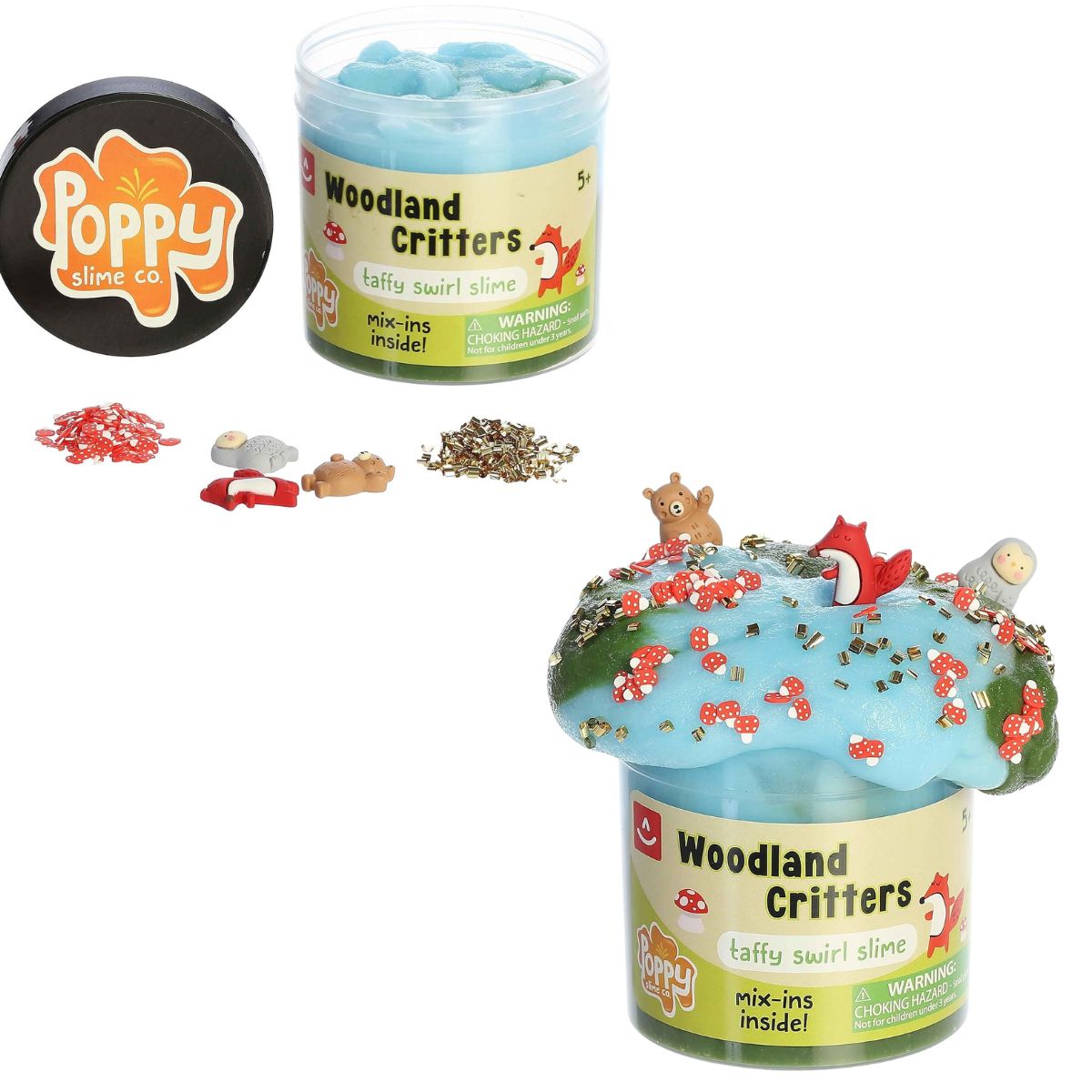 Front view of the Poppy Slime Co. Woodland Critters Taffy Swirl Slime featuring a jar of blue and green swirl slime topped with woodland charms and crunchy beads, alongside the black lid and loose mix-ins.