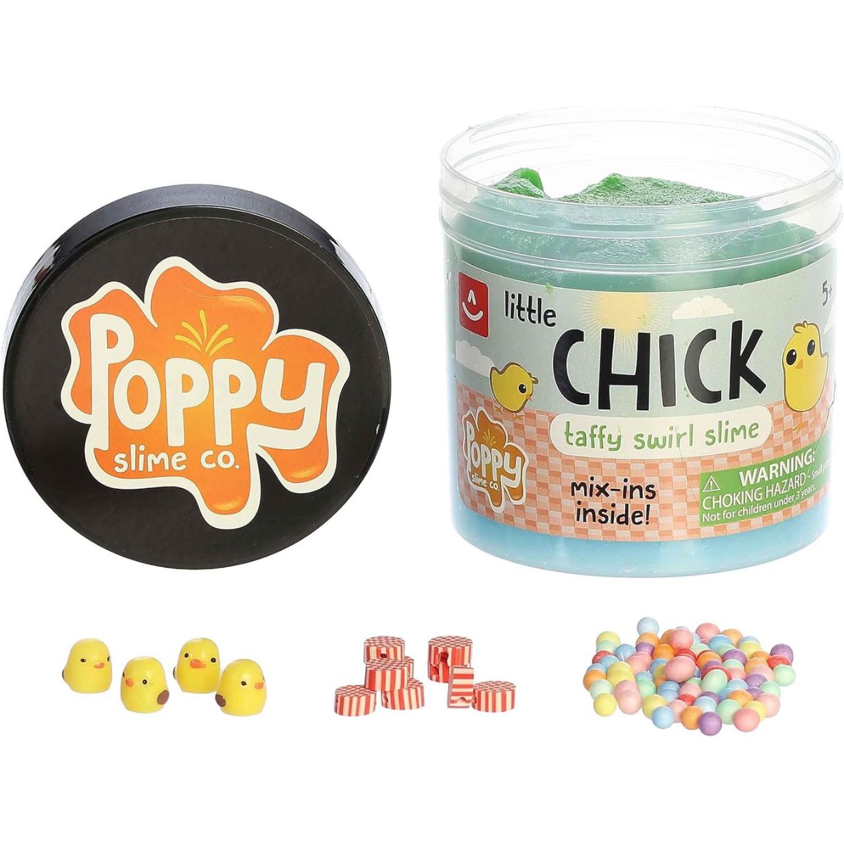 Front view of the Little Chick slime jar next to its black lid featuring the orange Poppy Slime Co. logo, with loose mix-in pieces scattered in front.