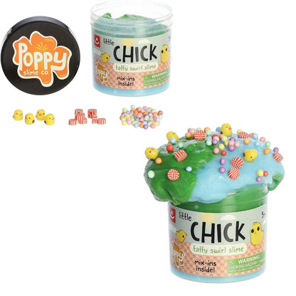 Front view of the Poppy Slime Co. Little Chick Taffy Swirl Slime featuring a jar of blue and green swirl slime topped with colorful beads and yellow chick charms, alongside the black lid and loose mix-ins.